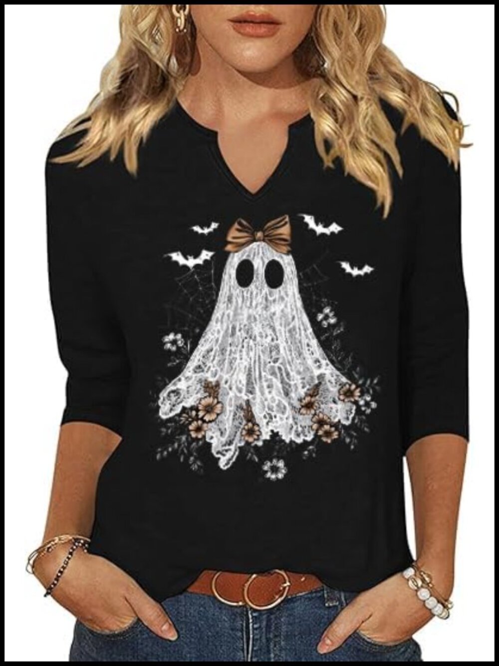 Women's 3/4 Sleeve V-Neck Halloween Ghost Pumpkin Graphic Blouse
